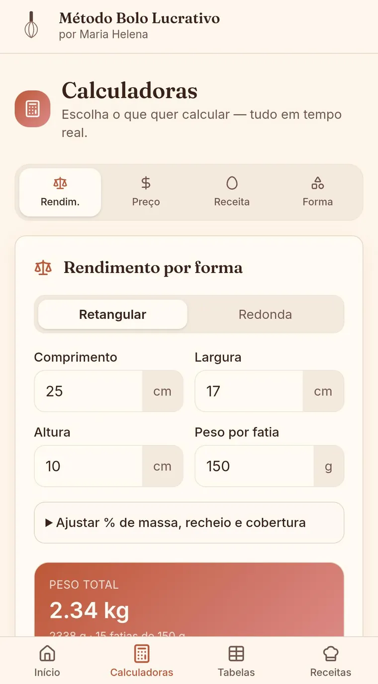 Calculadora de rendimento do Método Bolo Lucrativo