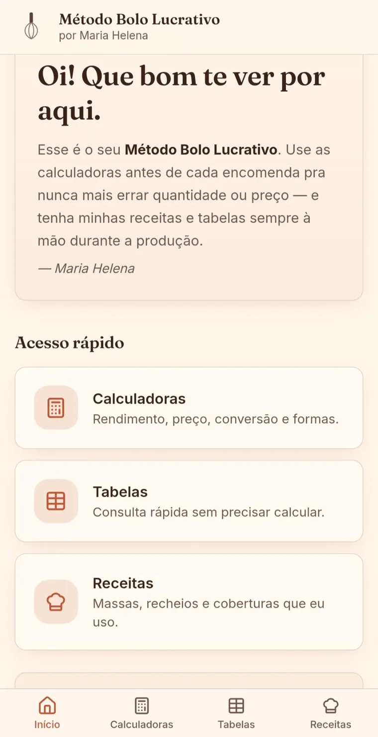 Tela inicial do Método Bolo Lucrativo