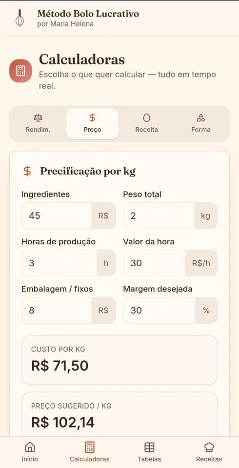 Calculadora de precificação por kg do Método Bolo Lucrativo